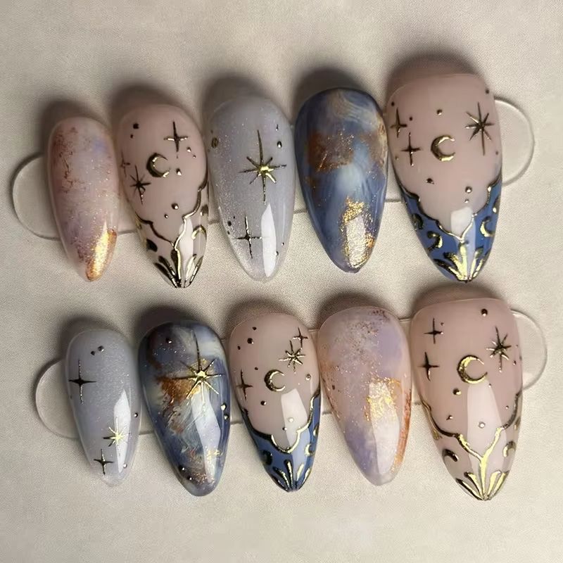 Nail Art Ombre - 24-teiliges kurzes Mandel-Nägel-Set, vollständige Abdeckung, Stern,