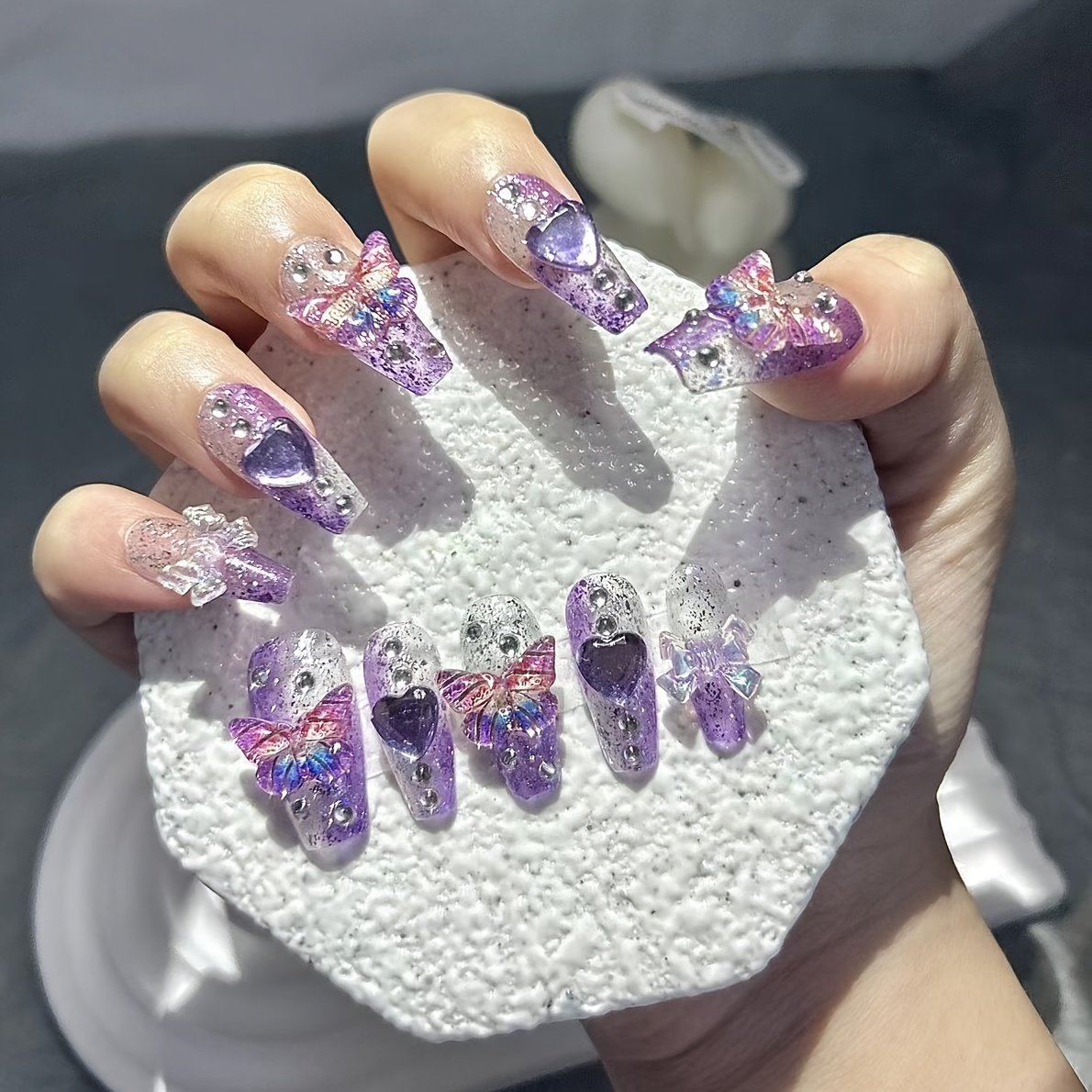 Nail Art Red - 10-teilige lila Fantasy-Schmetterlings-Kunstnägel, Herz, Diamant, funkelnder